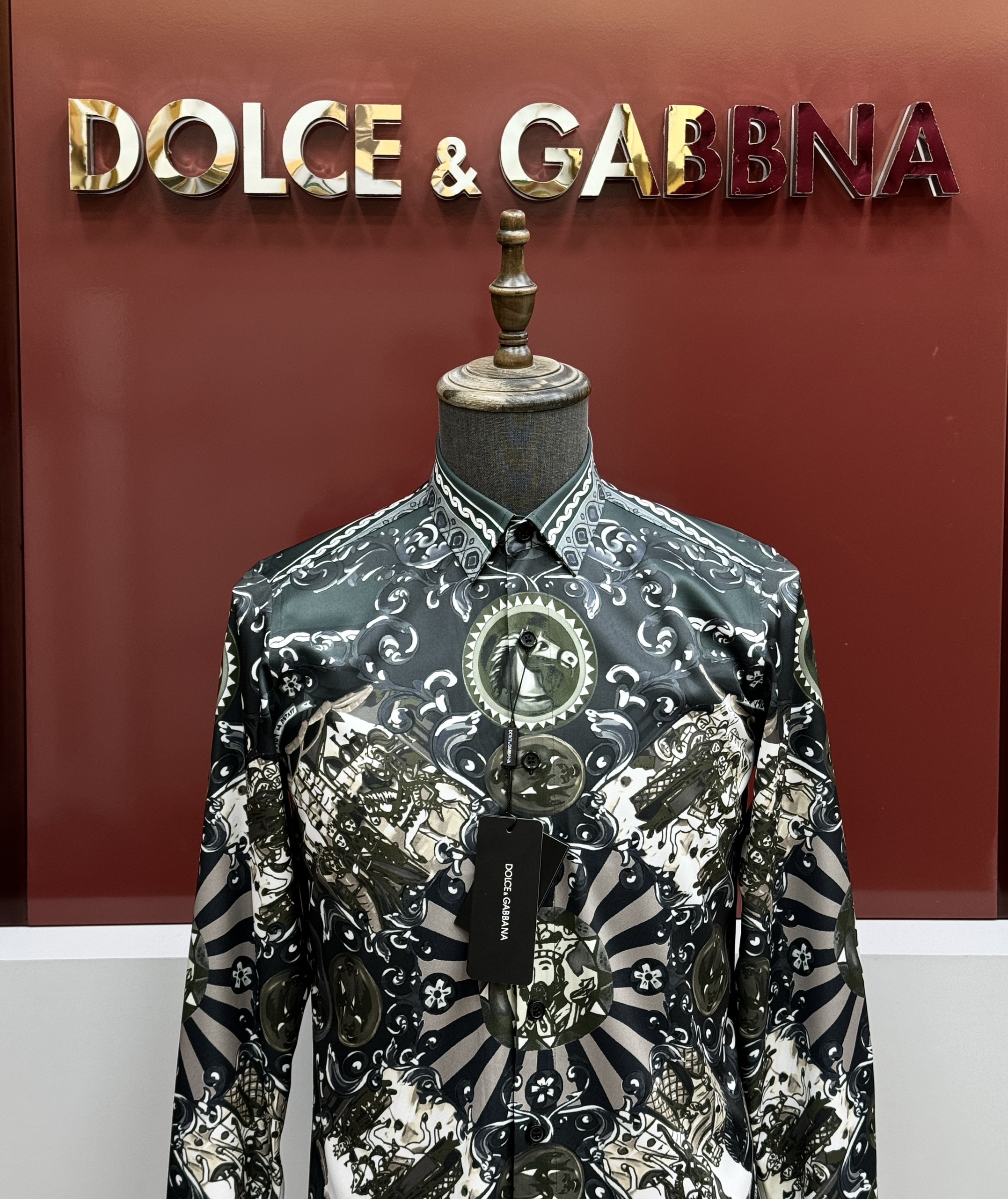 Áo sơ mi dài tay Dolce Gabbana DG Xanh rêu họa tiết hoa văn ngựa Like Auth on web CD